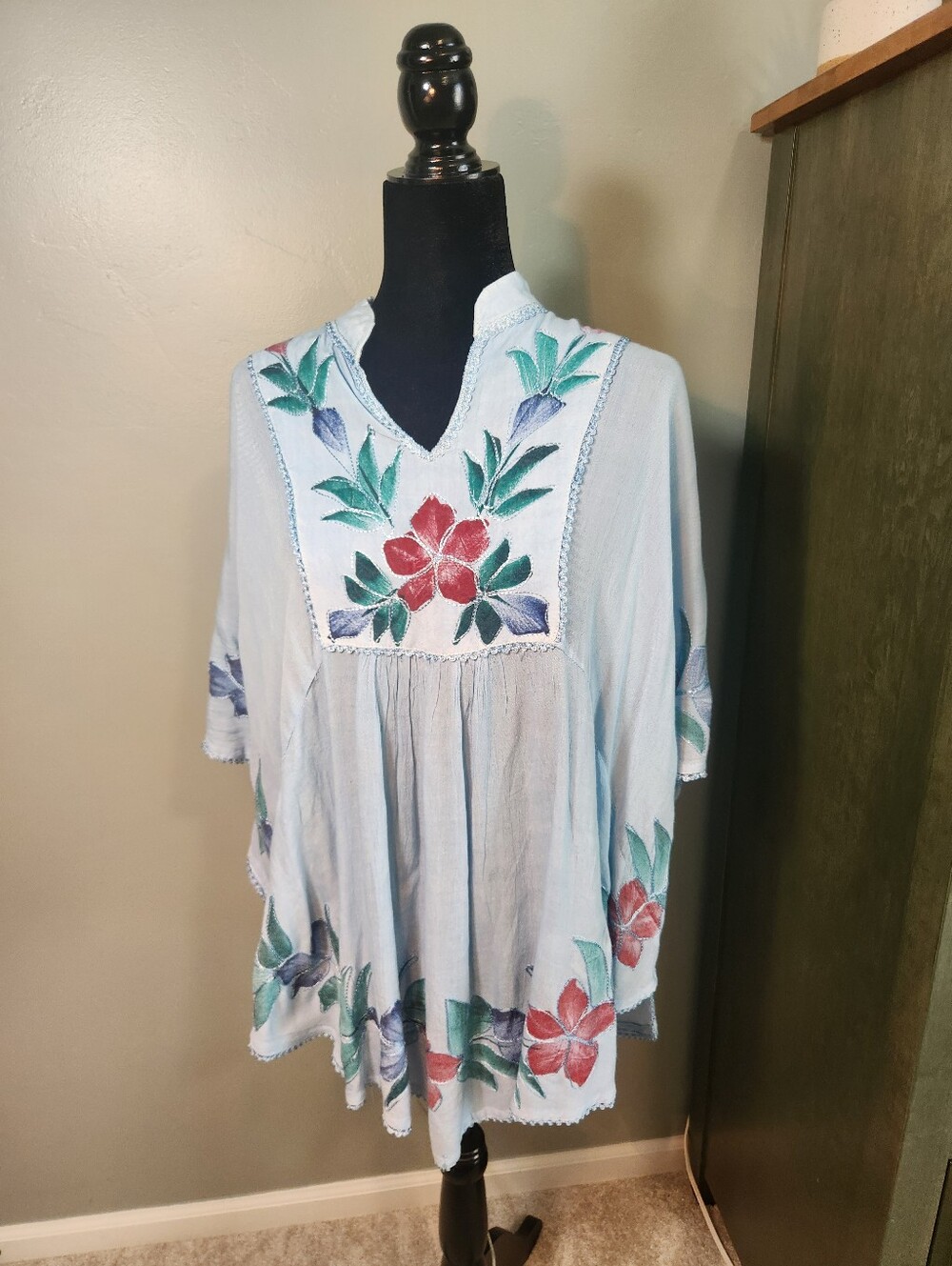 Light Blue Floral Hand Painted With Embroidered Details Boho Tunic
